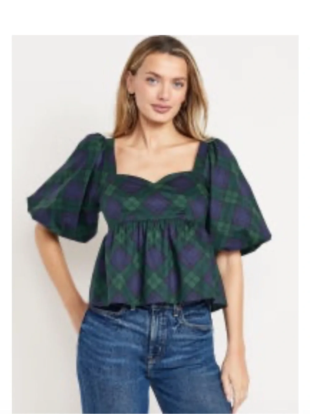 Old Navy Navy & Green Plaid Puff Sleeve Peplum Top